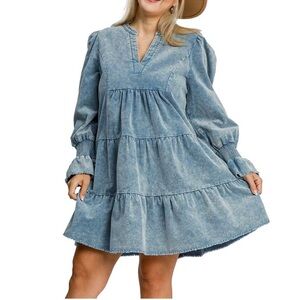 Umgee Corduroy Blue Tiered Dress; Size L